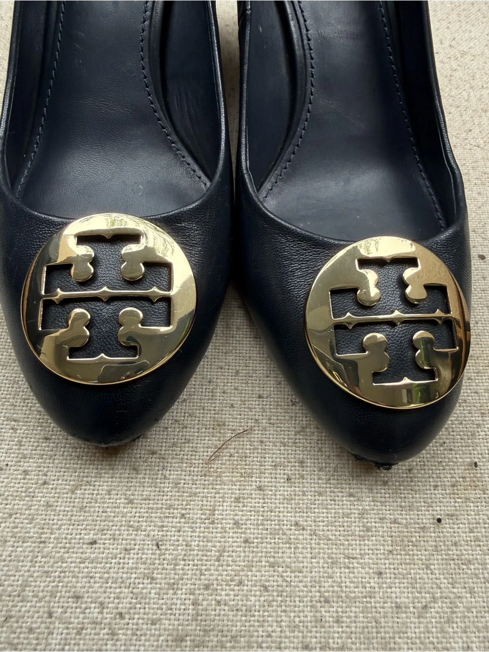 Tory Burch Black Leather Flats with Gold Logo Medallions